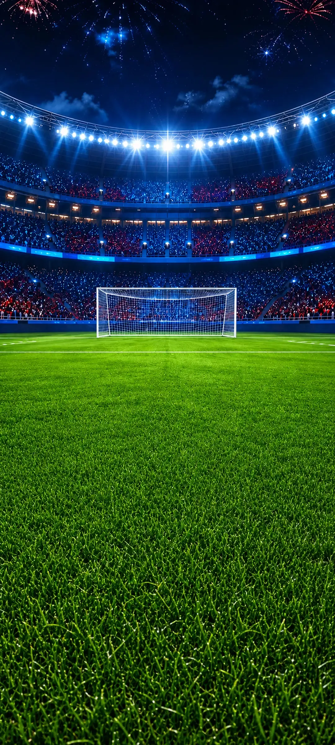 A packed football stadium under fireworks
